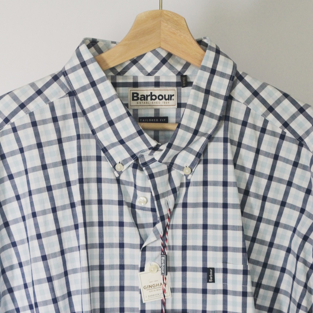 Barbour Men's Long-Sleeve Sea/Light Blue & Navy Gingham Button Down Shirt